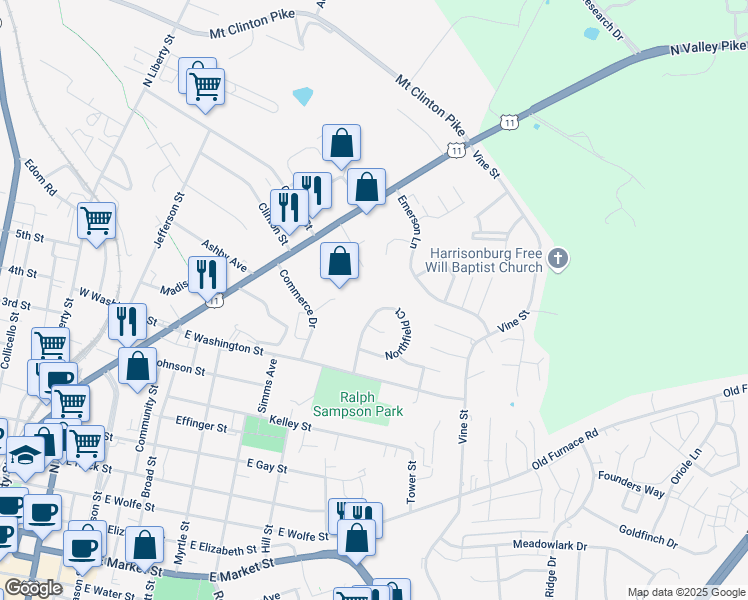 map of restaurants, bars, coffee shops, grocery stores, and more near 412 Glenfield Court in Harrisonburg