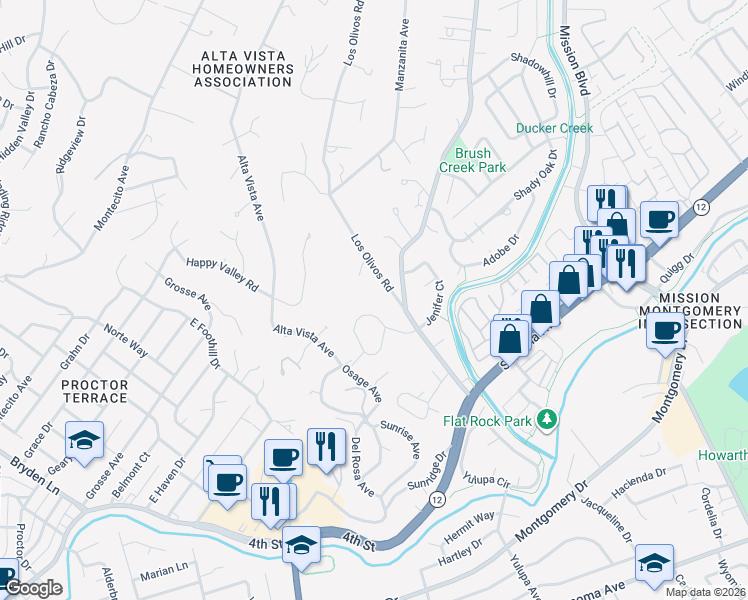 map of restaurants, bars, coffee shops, grocery stores, and more near 605 Los Olivos Road in Santa Rosa