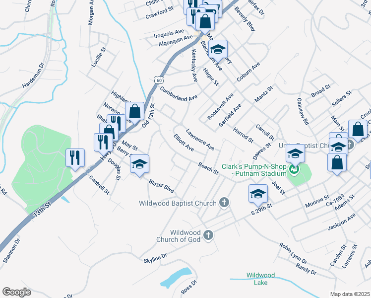 map of restaurants, bars, coffee shops, grocery stores, and more near 1641 Elliott Avenue in Ashland