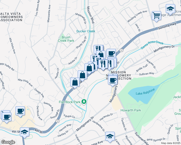 map of restaurants, bars, coffee shops, grocery stores, and more near 4379 Sonoma Highway in Santa Rosa