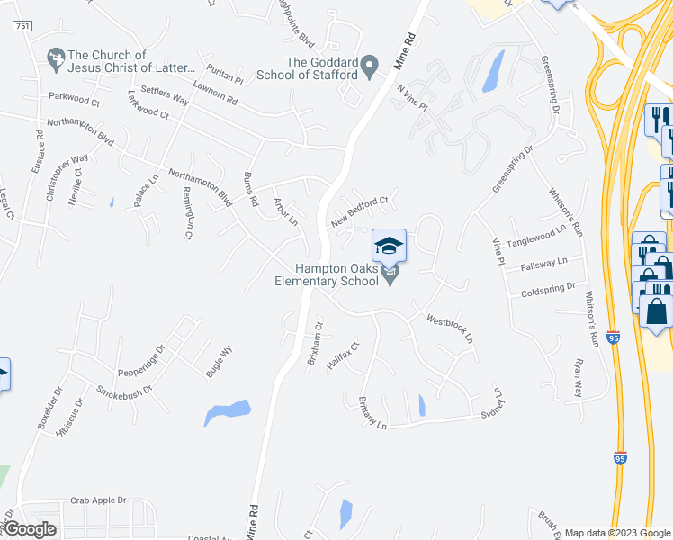 map of restaurants, bars, coffee shops, grocery stores, and more near 7 Colonel Colin Court in Stafford