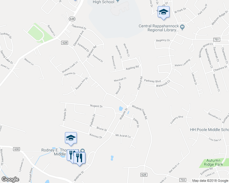 map of restaurants, bars, coffee shops, grocery stores, and more near 2 Marshall Lane in Stafford