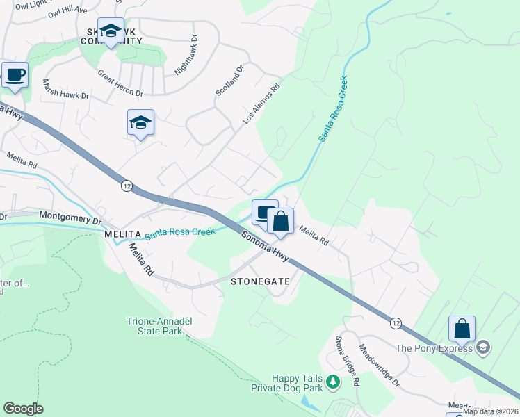 map of restaurants, bars, coffee shops, grocery stores, and more near 5823 California 12 in Santa Rosa