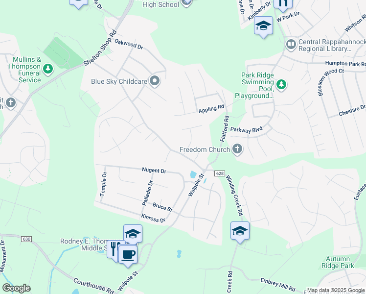 map of restaurants, bars, coffee shops, grocery stores, and more near 2 Marshall Lane in Stafford