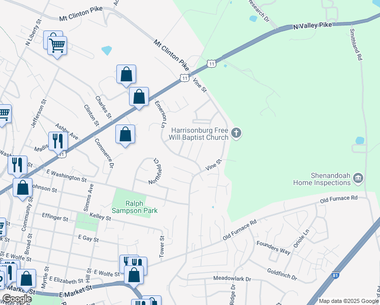 map of restaurants, bars, coffee shops, grocery stores, and more near 1238 Poet's Court in Harrisonburg