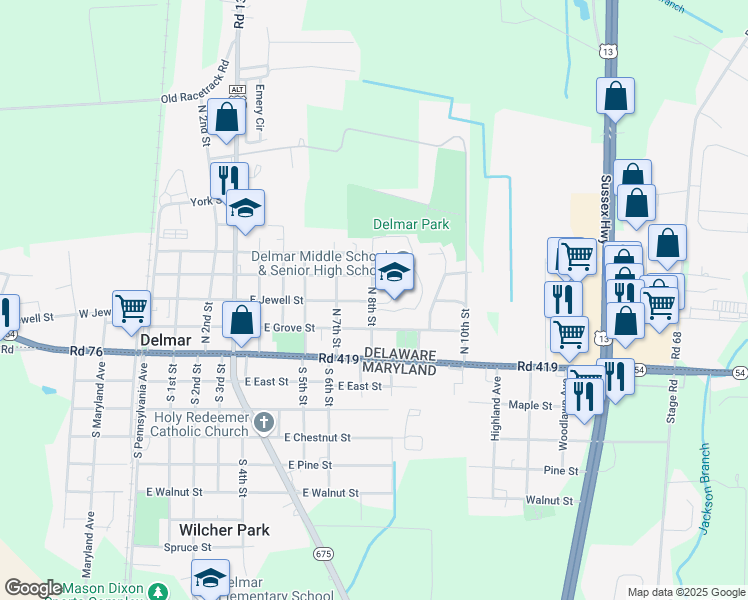 map of restaurants, bars, coffee shops, grocery stores, and more near 200 North 8th Street in Delmar