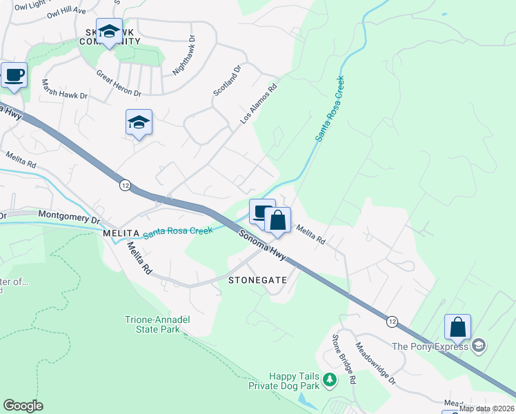 map of restaurants, bars, coffee shops, grocery stores, and more near 5823 California 12 in Santa Rosa