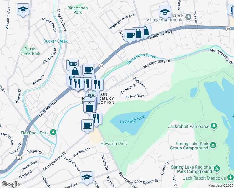 map of restaurants, bars, coffee shops, grocery stores, and more near 4678 Rocky Way in Santa Rosa