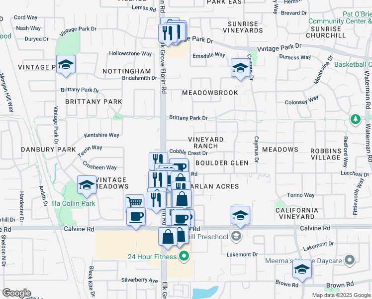 map of restaurants, bars, coffee shops, grocery stores, and more near 8939 Cobble Crest Drive in Sacramento