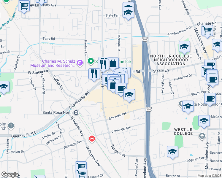 map of restaurants, bars, coffee shops, grocery stores, and more near 390 Coddingtown Mall in Santa Rosa