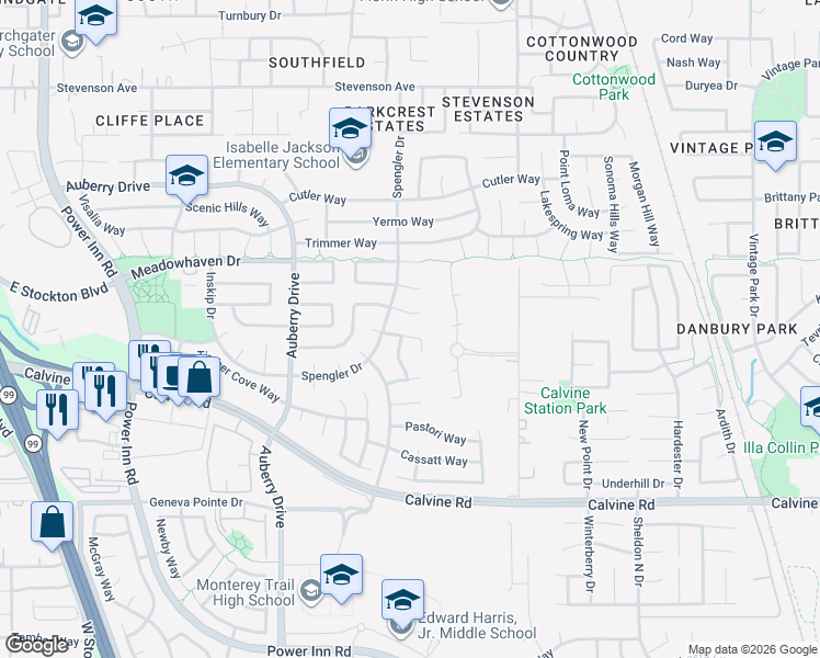 map of restaurants, bars, coffee shops, grocery stores, and more near 8425 Amrita Court in Sacramento