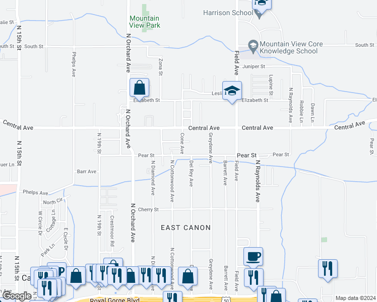 map of restaurants, bars, coffee shops, grocery stores, and more near 760 Surrey Court in Cañon City