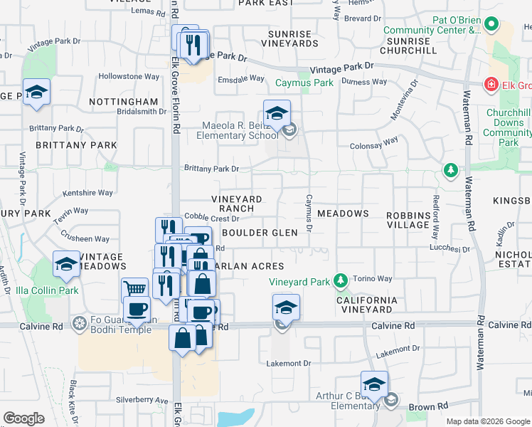 map of restaurants, bars, coffee shops, grocery stores, and more near 9013 Sand Field Court in Sacramento