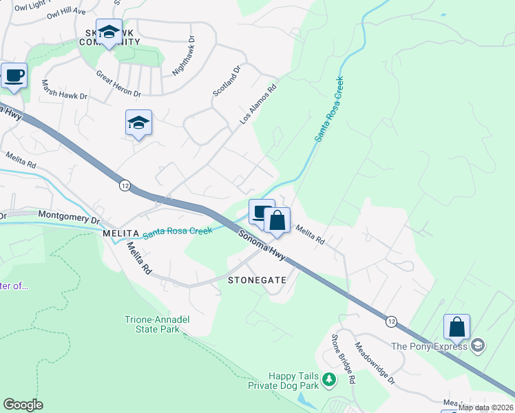 map of restaurants, bars, coffee shops, grocery stores, and more near 6237 Melita Road in Santa Rosa