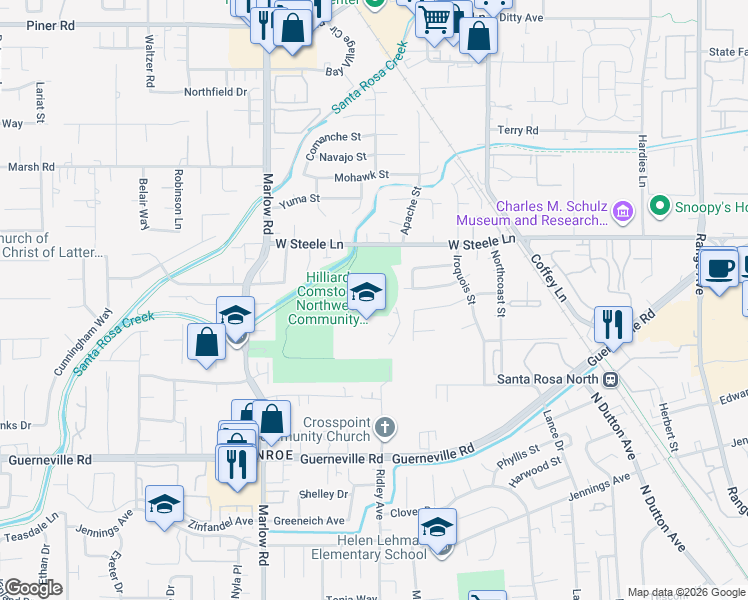 map of restaurants, bars, coffee shops, grocery stores, and more near 2750 West Steele Lane in Santa Rosa