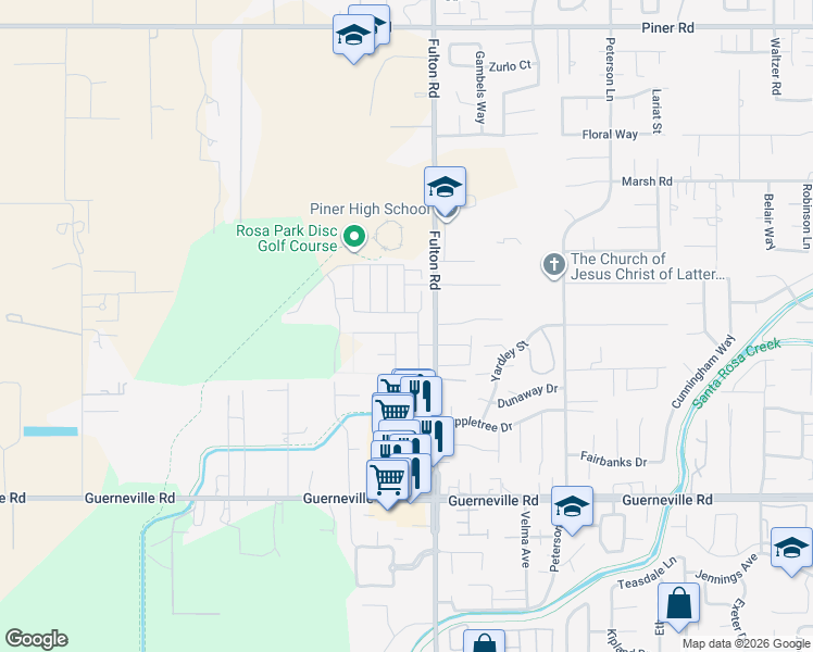 map of restaurants, bars, coffee shops, grocery stores, and more near 1606 Periwinkle Street in Santa Rosa