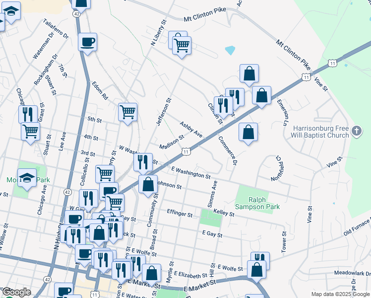 map of restaurants, bars, coffee shops, grocery stores, and more near 854 Madison Street in Harrisonburg
