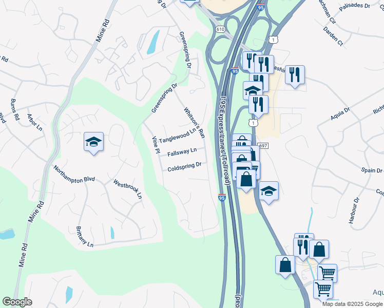 map of restaurants, bars, coffee shops, grocery stores, and more near 218 Fallsway Lane in Stafford