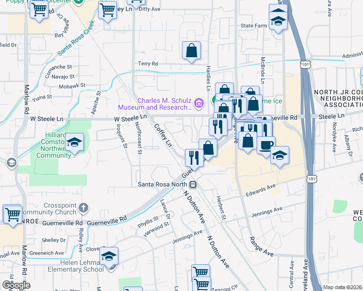 map of restaurants, bars, coffee shops, grocery stores, and more near 2620 Plata Court in Santa Rosa