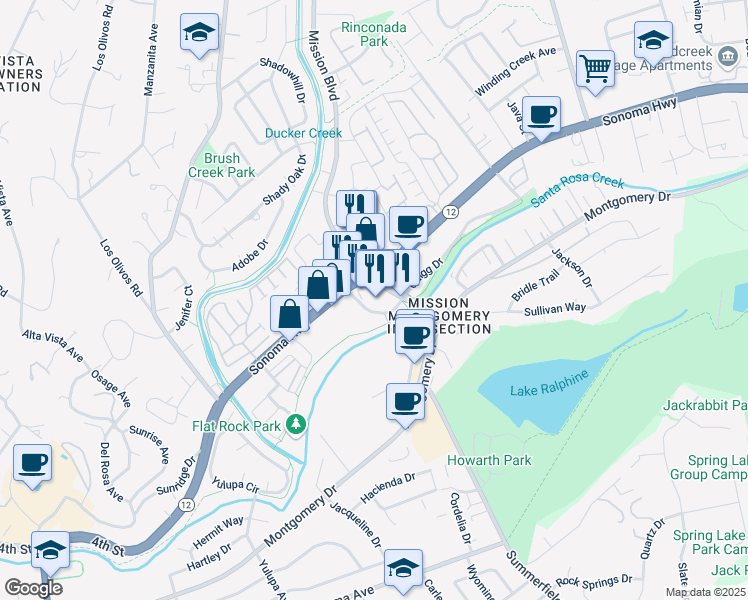 map of restaurants, bars, coffee shops, grocery stores, and more near 56 Mission Circle in Santa Rosa