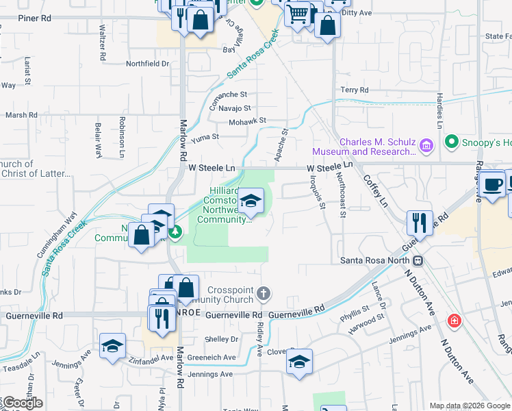 map of restaurants, bars, coffee shops, grocery stores, and more near 2750 West Steele Lane in Santa Rosa