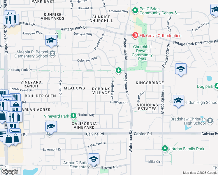 map of restaurants, bars, coffee shops, grocery stores, and more near 8230 Redford Way in Sacramento