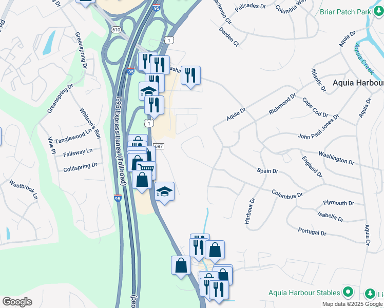 map of restaurants, bars, coffee shops, grocery stores, and more near 111 Columbus Cove in Stafford