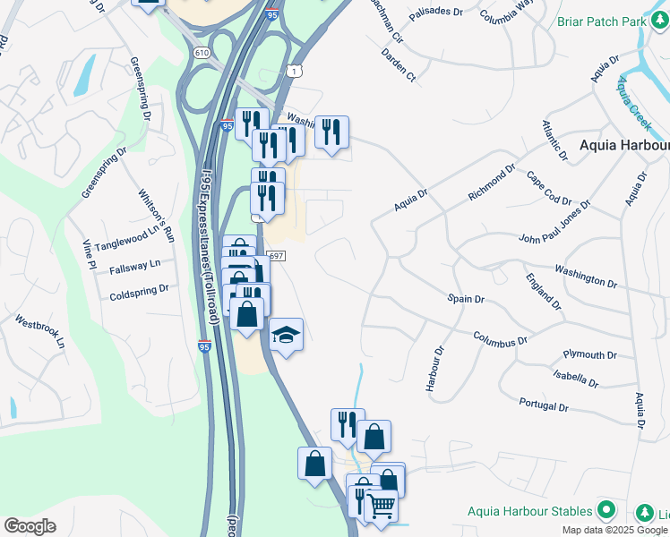 map of restaurants, bars, coffee shops, grocery stores, and more near 111 Columbus Cove in Stafford