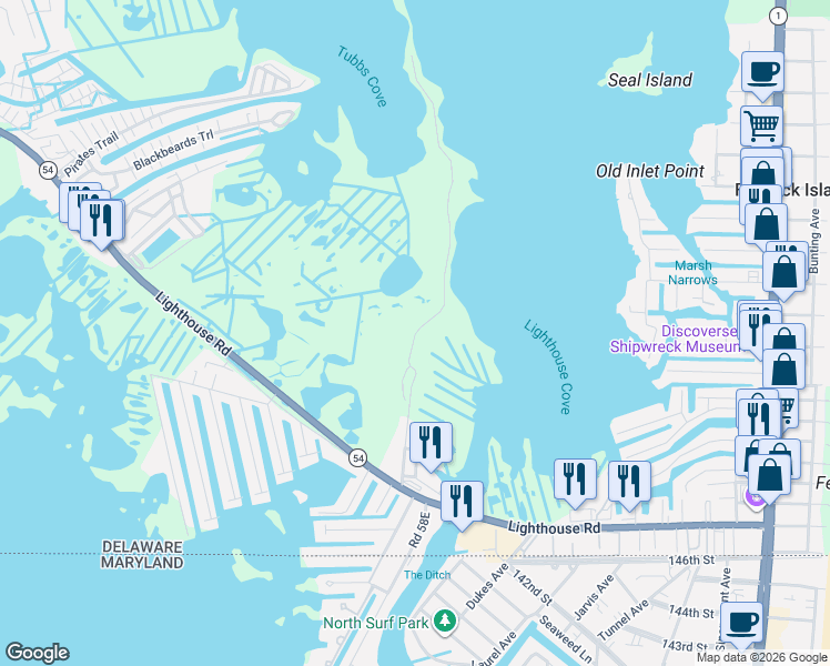 map of restaurants, bars, coffee shops, grocery stores, and more near 38876 Bennett Avenue in Selbyville