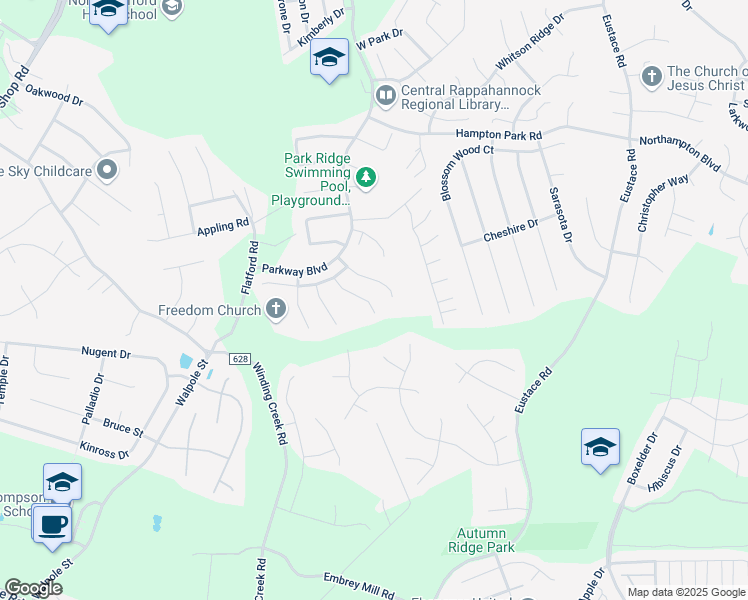 map of restaurants, bars, coffee shops, grocery stores, and more near 19 Stoneridge Court in Stafford
