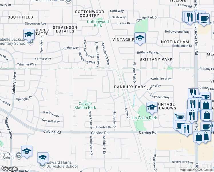 map of restaurants, bars, coffee shops, grocery stores, and more near 8246 Hardester Drive in Sacramento