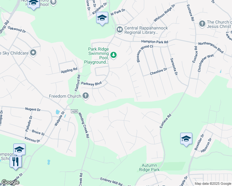 map of restaurants, bars, coffee shops, grocery stores, and more near 19 Stoneridge Court in Stafford