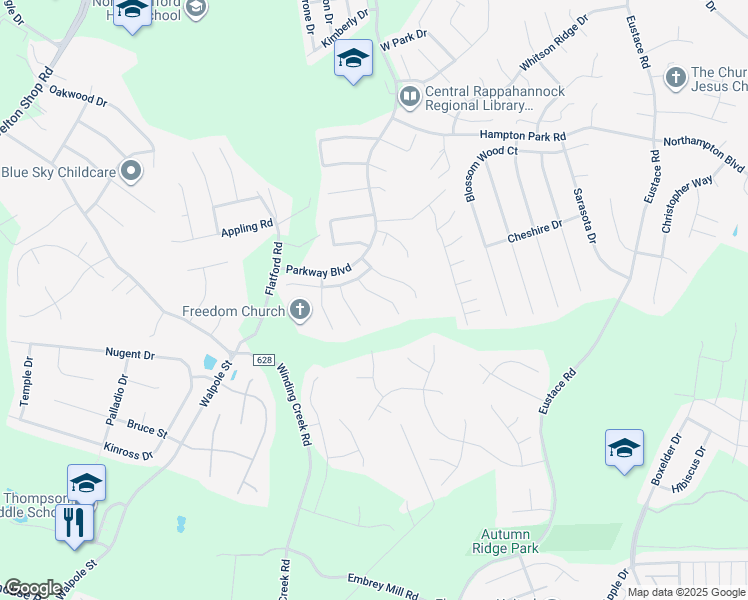 map of restaurants, bars, coffee shops, grocery stores, and more near 10 Stoneridge Court in Stafford