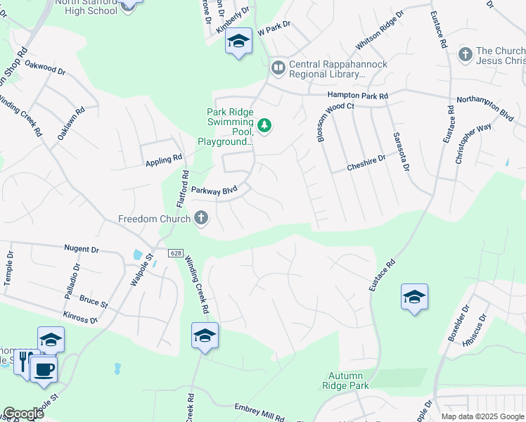 map of restaurants, bars, coffee shops, grocery stores, and more near 17 Stoneridge Court in Stafford