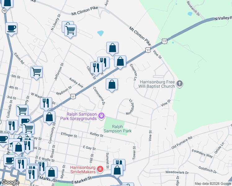 map of restaurants, bars, coffee shops, grocery stores, and more near 1046 Moore Street in Harrisonburg