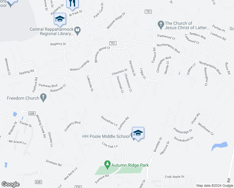 map of restaurants, bars, coffee shops, grocery stores, and more near 41 Westhampton Court in Stafford