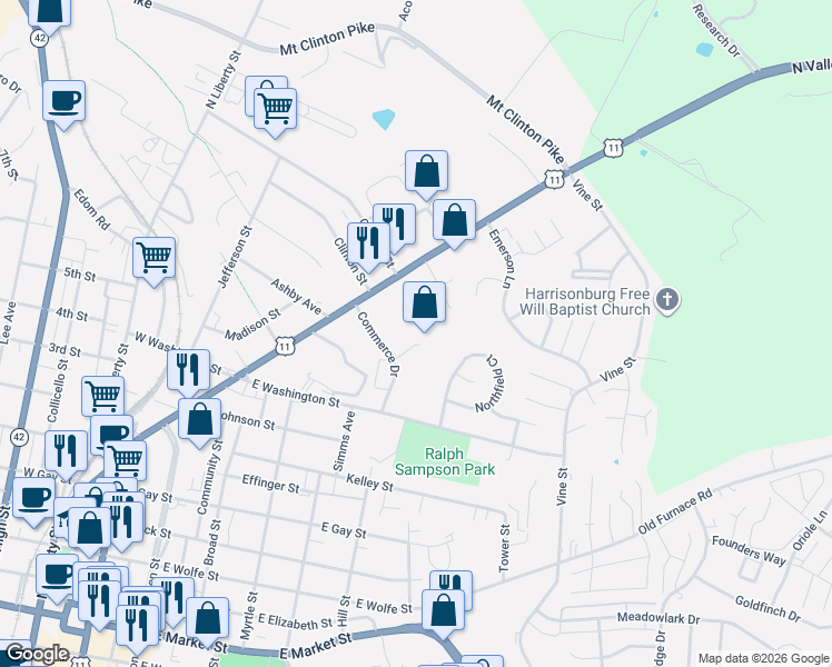 map of restaurants, bars, coffee shops, grocery stores, and more near 1151 Commercial Court in Harrisonburg