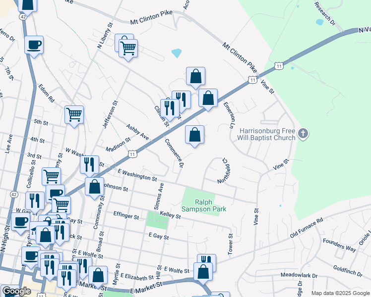 map of restaurants, bars, coffee shops, grocery stores, and more near 1121 Commercial Court in Harrisonburg