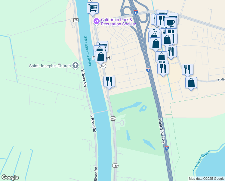 map of restaurants, bars, coffee shops, grocery stores, and more near 8249 Freeport Boulevard in Sacramento