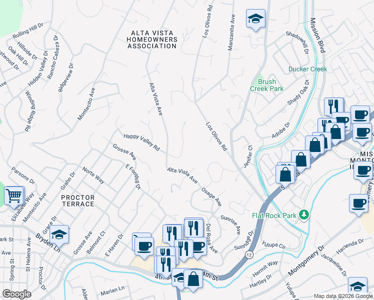 map of restaurants, bars, coffee shops, grocery stores, and more near 1850 Happy Valley Road in Santa Rosa