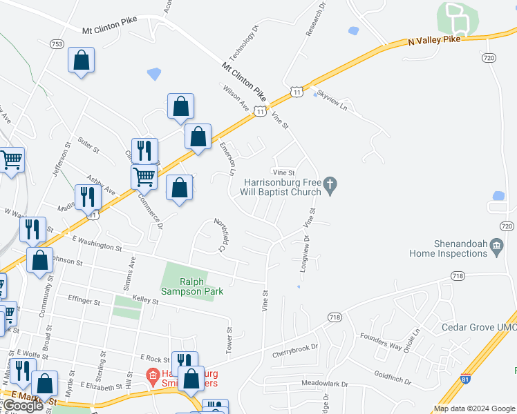 map of restaurants, bars, coffee shops, grocery stores, and more near 1284 Old Richmond Circle in Harrisonburg