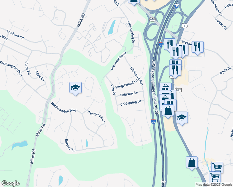 map of restaurants, bars, coffee shops, grocery stores, and more near 200 Vine Place in Stafford