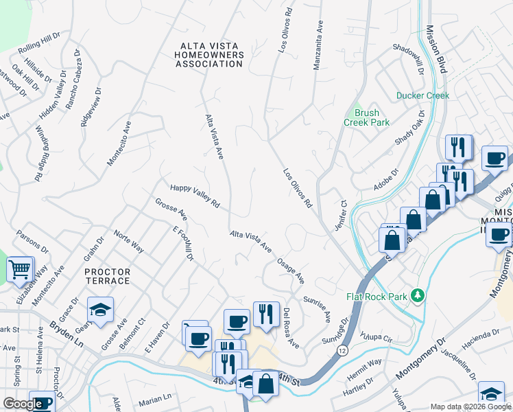 map of restaurants, bars, coffee shops, grocery stores, and more near 1850 Happy Valley Road in Santa Rosa