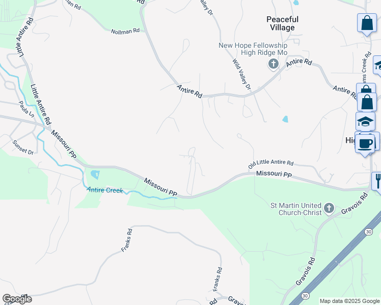 map of restaurants, bars, coffee shops, grocery stores, and more near 3004 Pembroke Lane in High Ridge