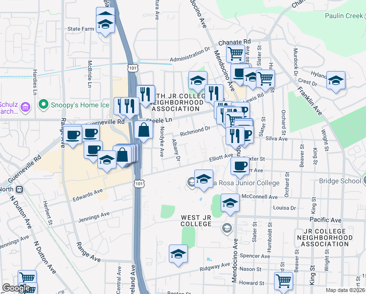 map of restaurants, bars, coffee shops, grocery stores, and more near 1927 Malano Court in Santa Rosa