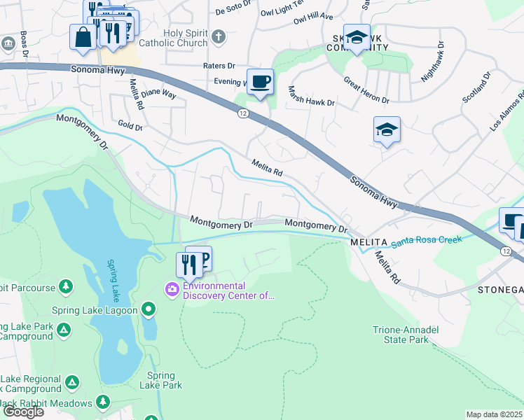 map of restaurants, bars, coffee shops, grocery stores, and more near 5555 Montgomery Drive in Santa Rosa