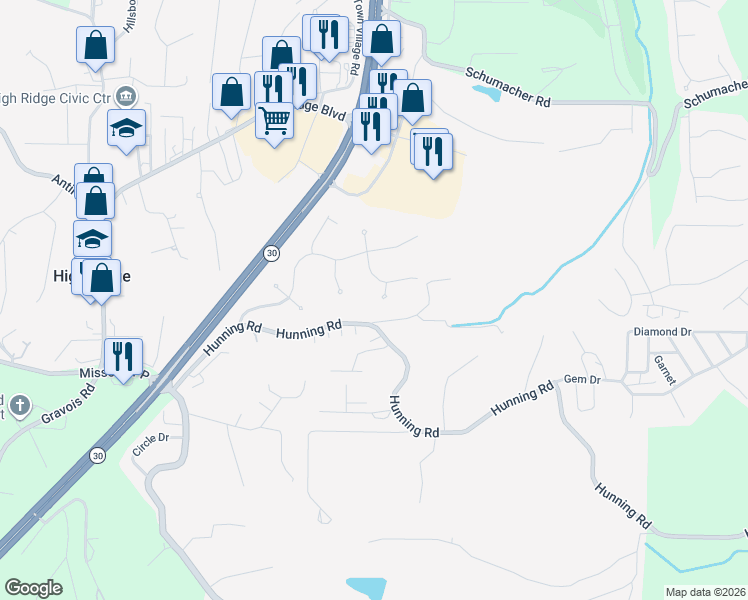map of restaurants, bars, coffee shops, grocery stores, and more near 3020 Ridgetop Court in High Ridge