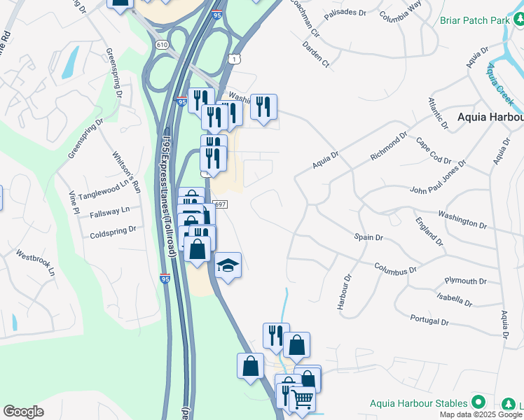 map of restaurants, bars, coffee shops, grocery stores, and more near 113 Columbus Cove in Stafford