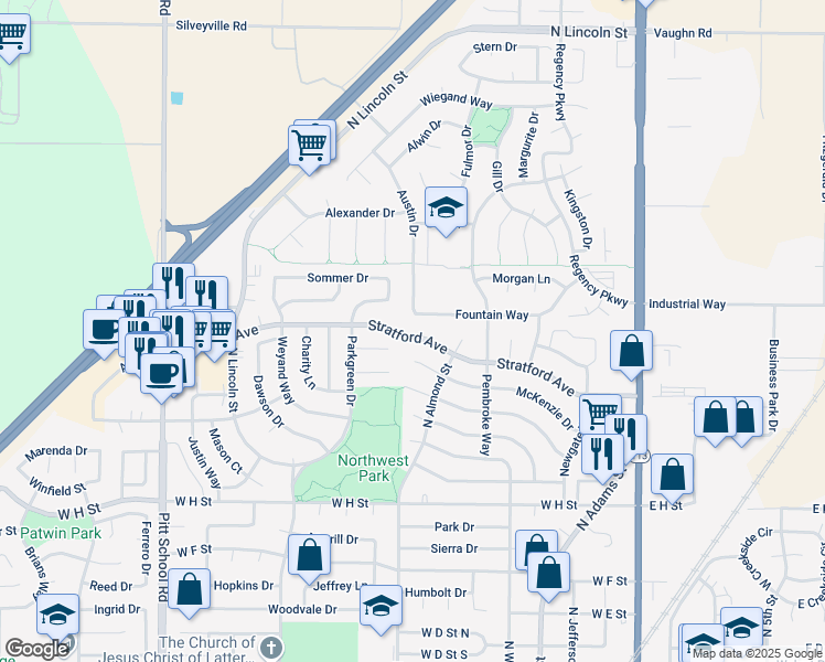 map of restaurants, bars, coffee shops, grocery stores, and more near 1295 Austin Drive in Dixon