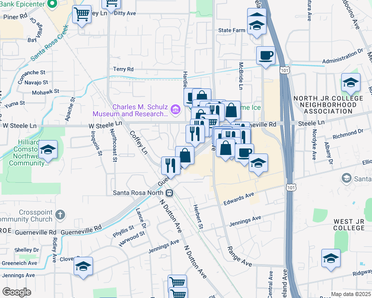 map of restaurants, bars, coffee shops, grocery stores, and more near 1421 Guerneville Road in Santa Rosa